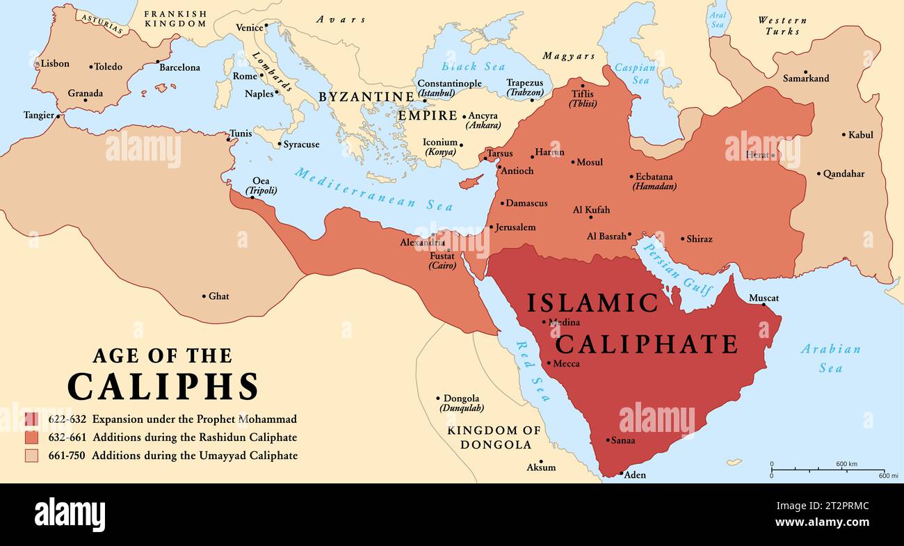 Das Zeitalter der Kalifen, Geschichtskarte des Islamischen Kalifats von 622 bis 750. Die Expansion unter dem Propheten Mohammad, mit Ergänzungen. Stockfoto