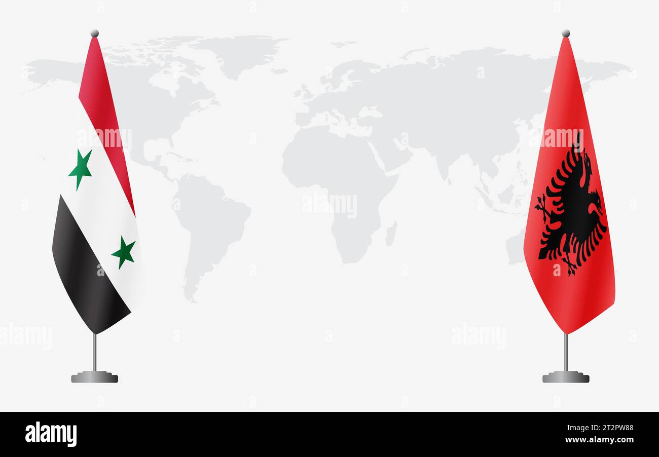 Syrische und albanische Flaggen für offizielles Treffen vor dem Hintergrund der Weltkarte. Stock Vektor