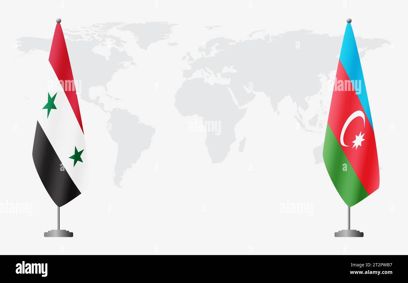 Syrische und aserbaidschanische Flaggen zum offiziellen Treffen vor dem Hintergrund der Weltkarte. Stock Vektor