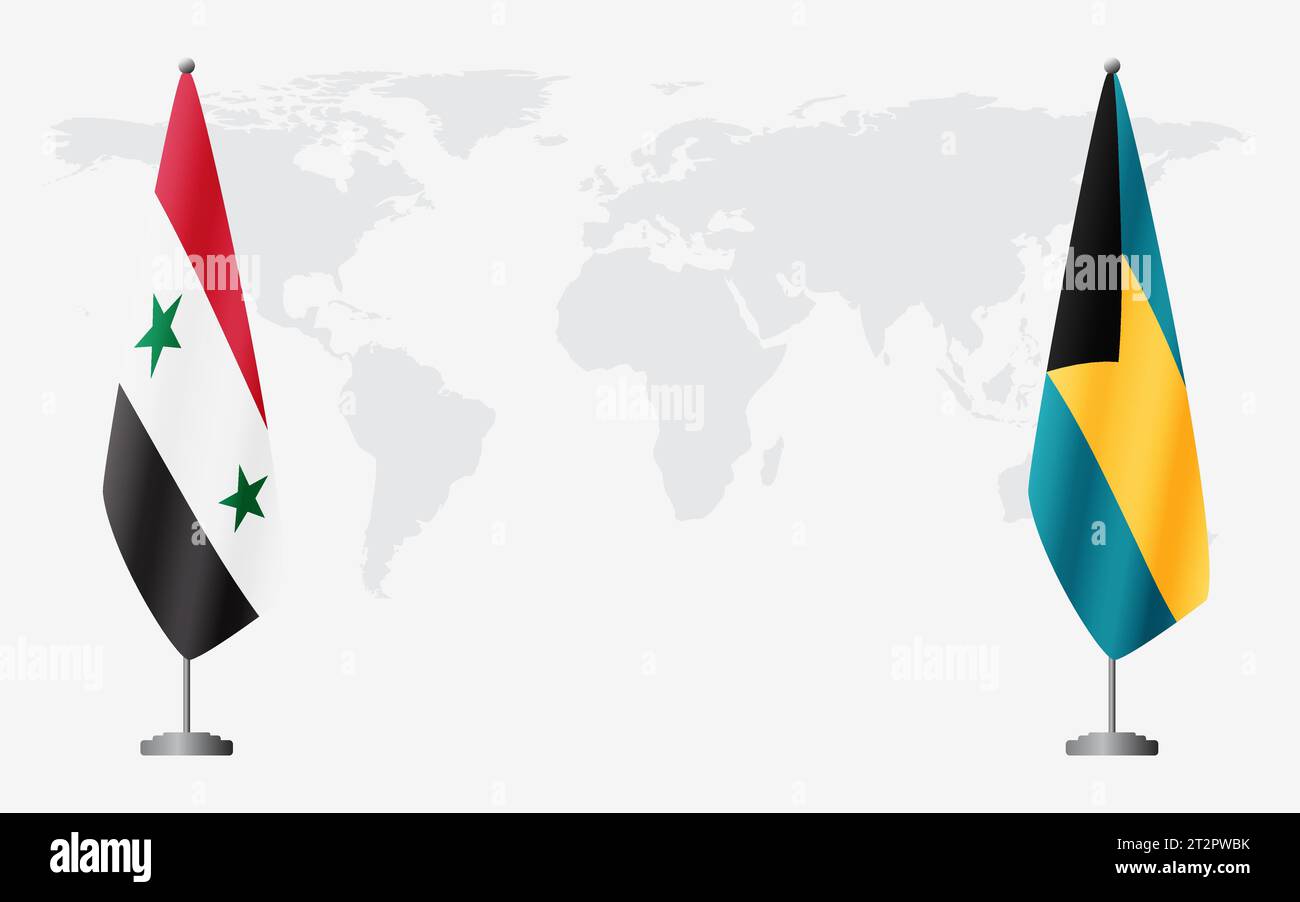 Syrische und Bahamas Flaggen für offizielle Treffen vor dem Hintergrund der Weltkarte. Stock Vektor