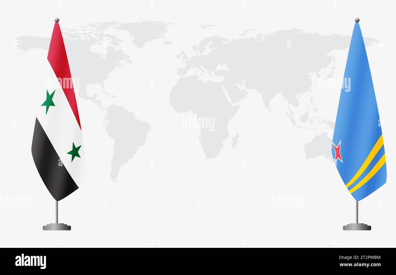 Syrische und Aruba-Flaggen zum offiziellen Treffen vor dem Hintergrund der Weltkarte. Stock Vektor