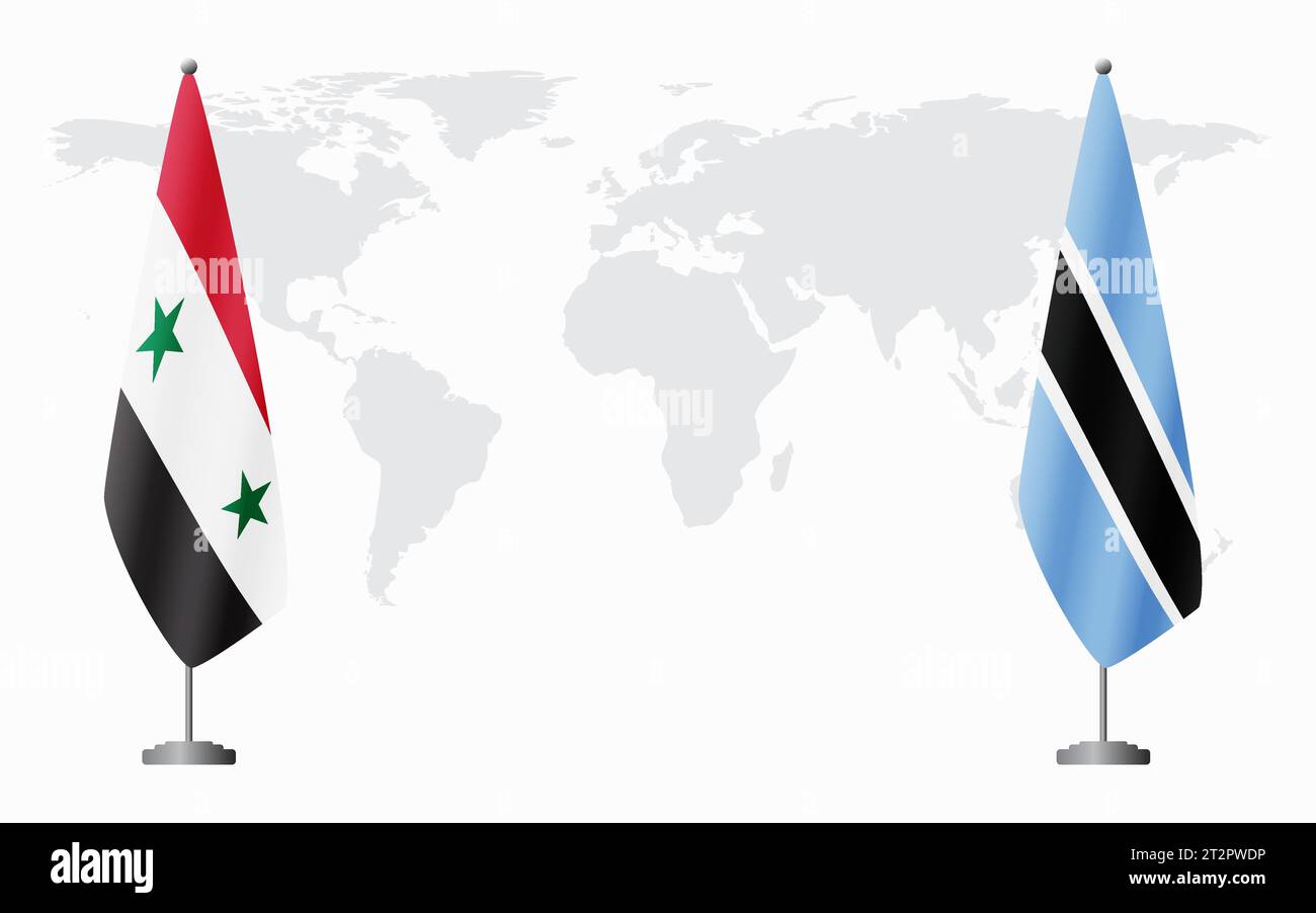 Syrien und Botswana Flaggen für offizielle Treffen vor dem Hintergrund der Weltkarte. Stock Vektor