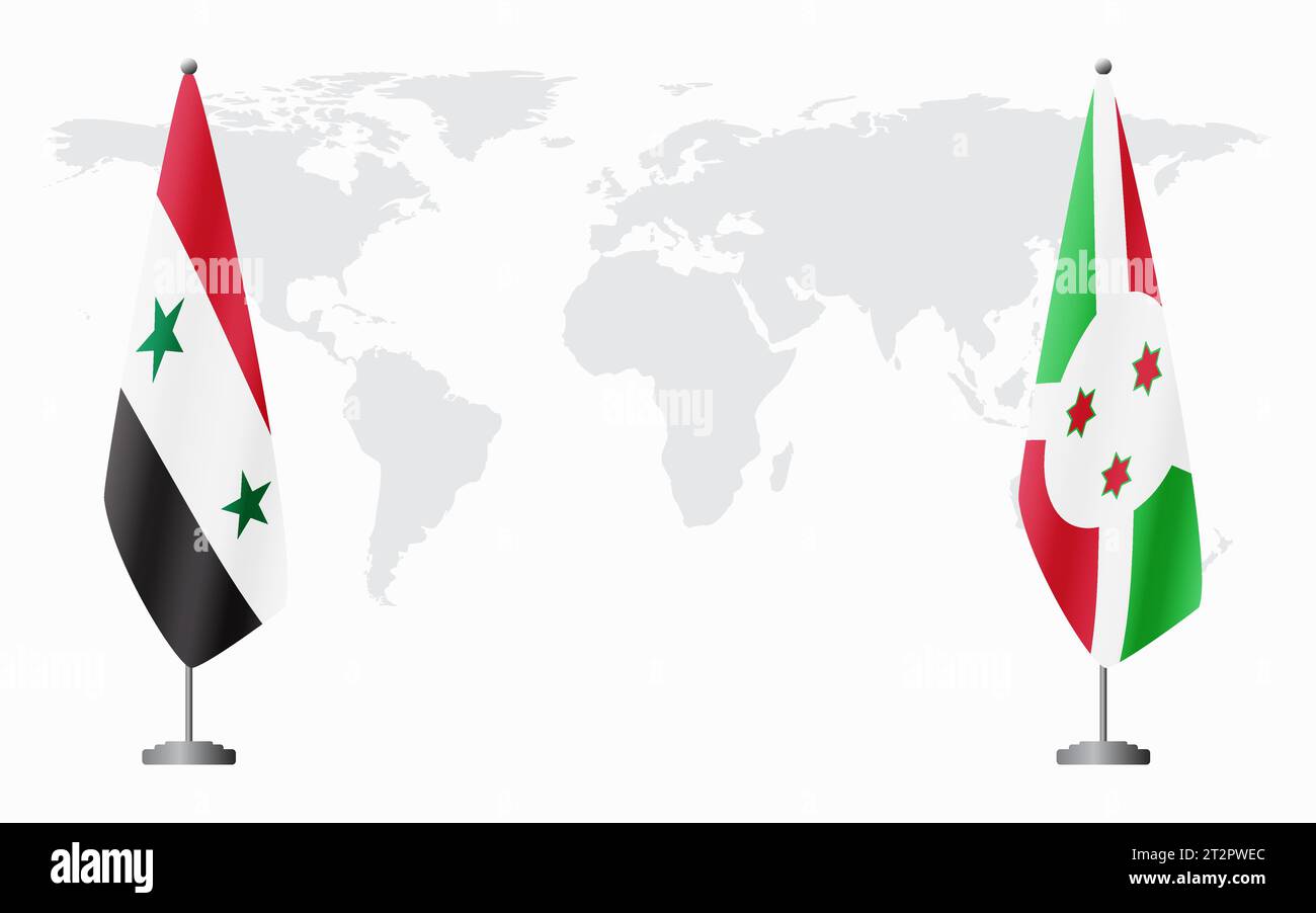 Syrische und burundische Flaggen für offizielle Treffen vor dem Hintergrund der Weltkarte. Stock Vektor