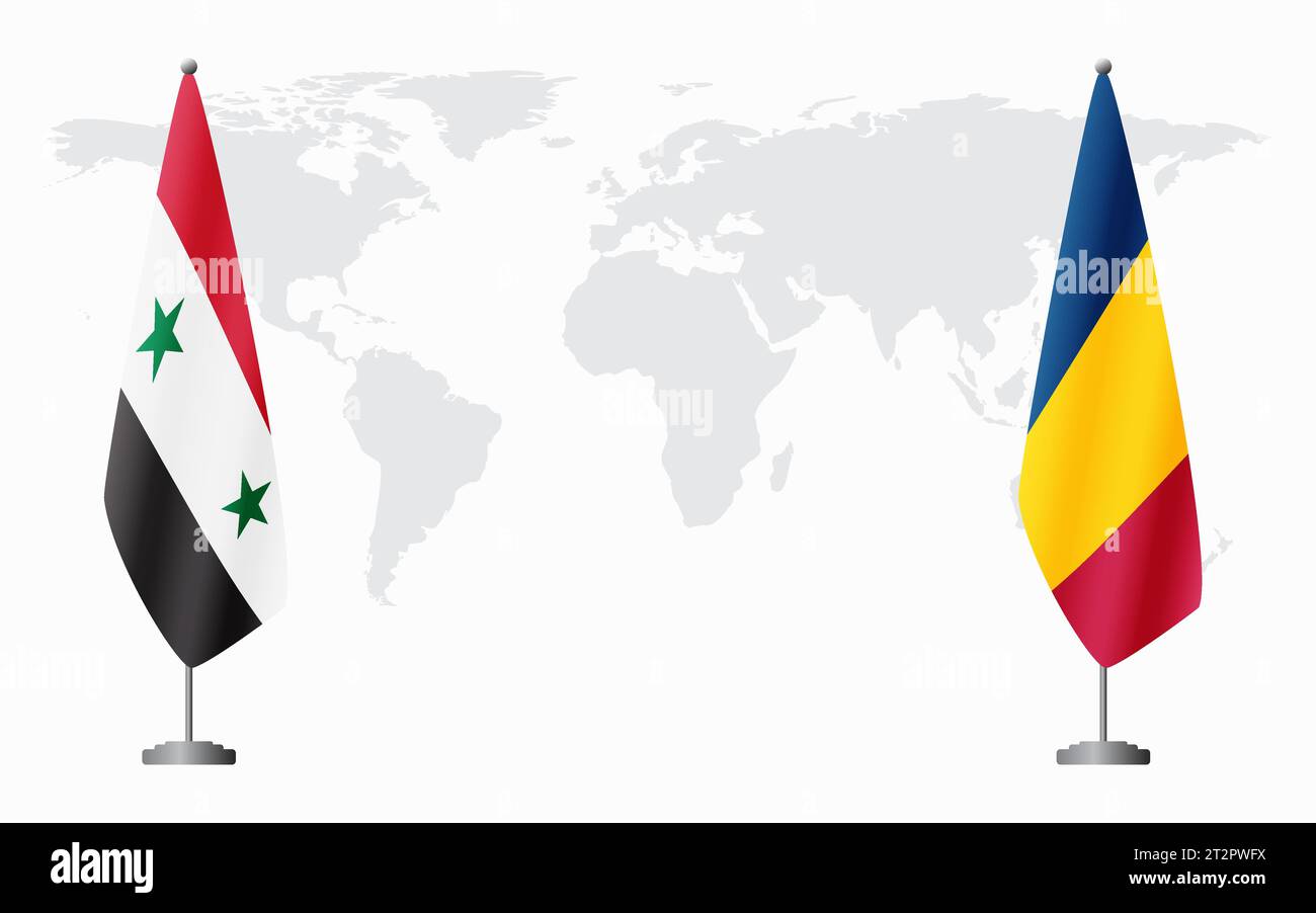 Syrische und tschadische Flaggen für offizielle Treffen vor dem Hintergrund der Weltkarte. Stock Vektor