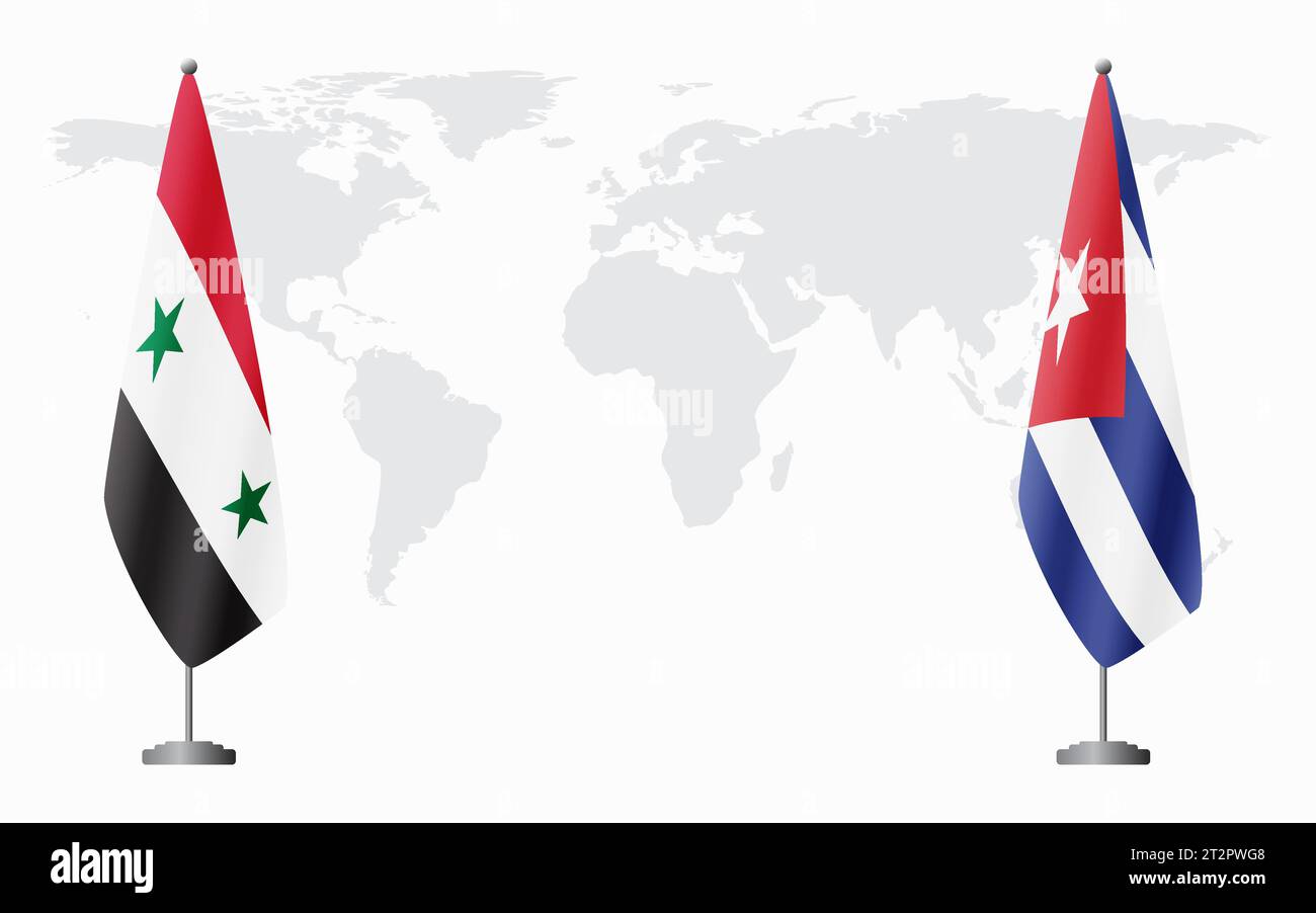 Syrische und kubanische Flaggen für offizielles Treffen vor dem Hintergrund der Weltkarte. Stock Vektor