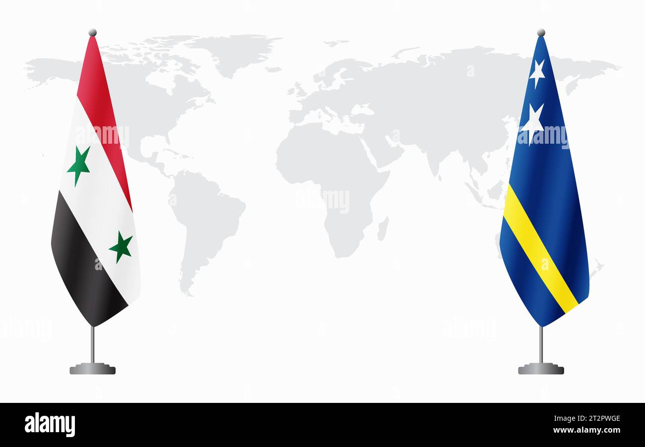 Syrische und Curacao-Flaggen für offizielle Treffen vor dem Hintergrund der Weltkarte. Stock Vektor