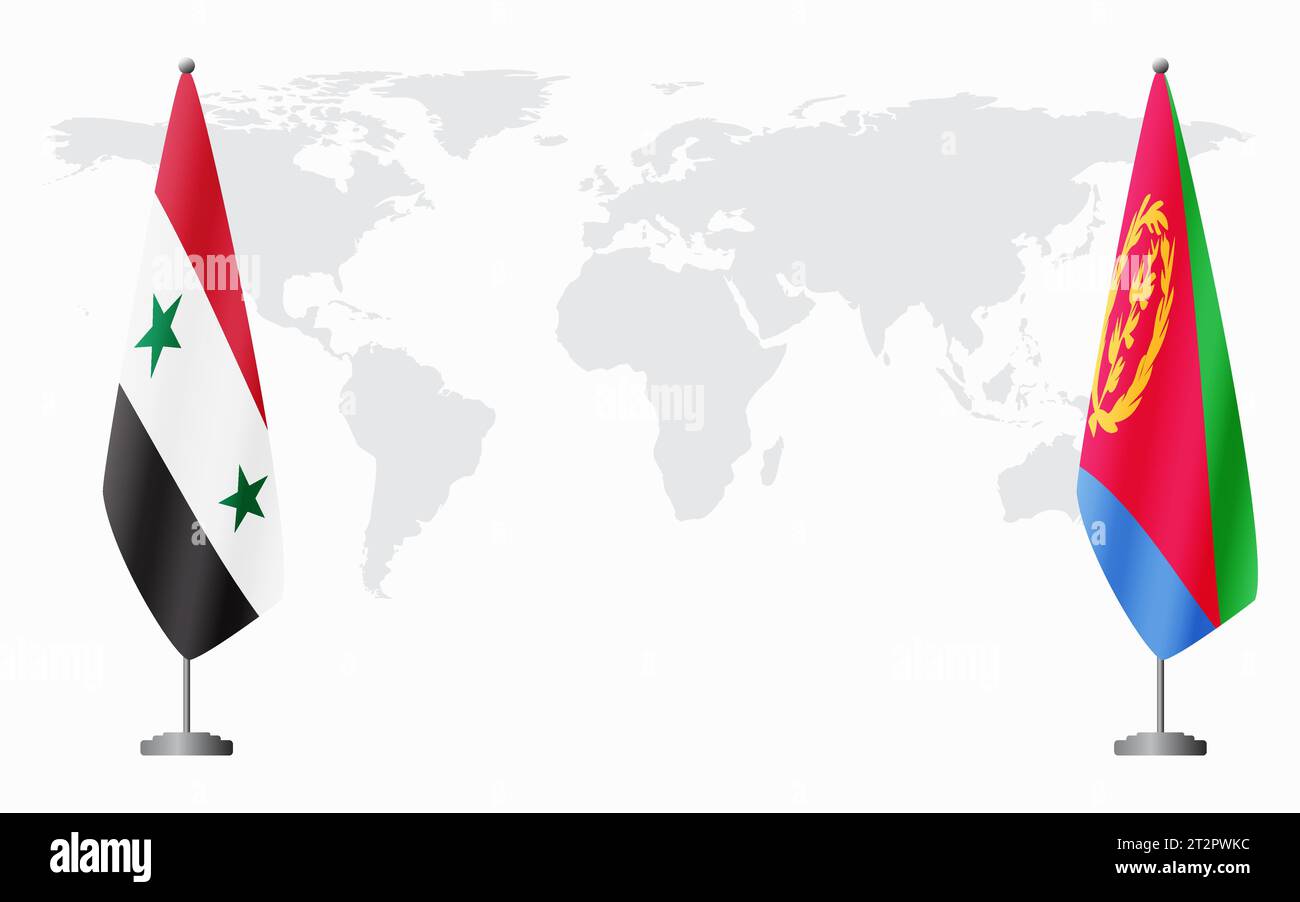 Syrische und eritreanische Flaggen zum offiziellen Treffen vor dem Hintergrund der Weltkarte. Stock Vektor
