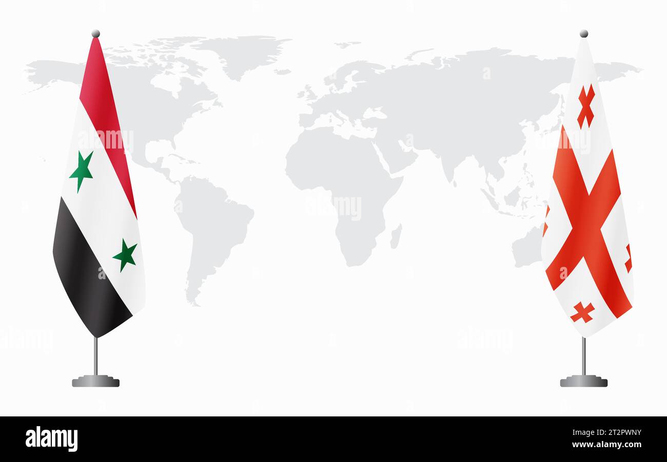 Syrien und Georgien halten die Flagge für ein offizielles Treffen vor dem Hintergrund der Weltkarte. Stock Vektor