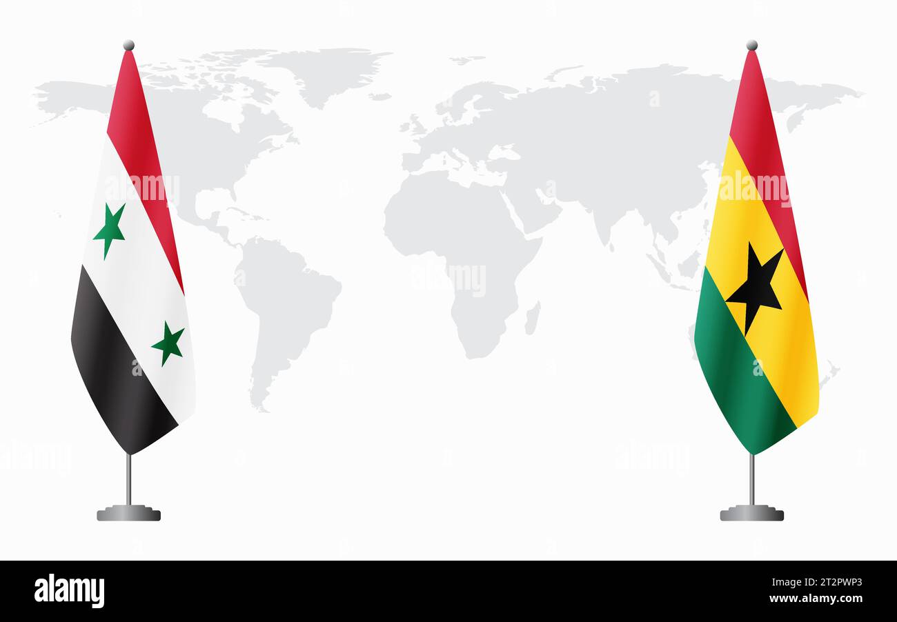 Syrische und ghanaische Flaggen für offizielle Treffen vor dem Hintergrund der Weltkarte. Stock Vektor
