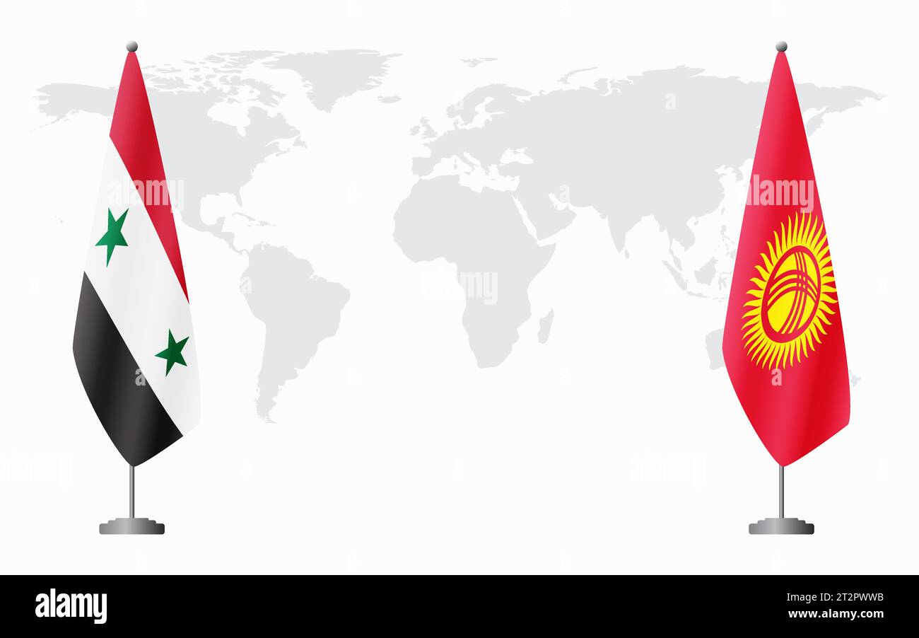 Syrische und kirgisische Flaggen zum offiziellen Treffen vor dem Hintergrund der Weltkarte. Stock Vektor