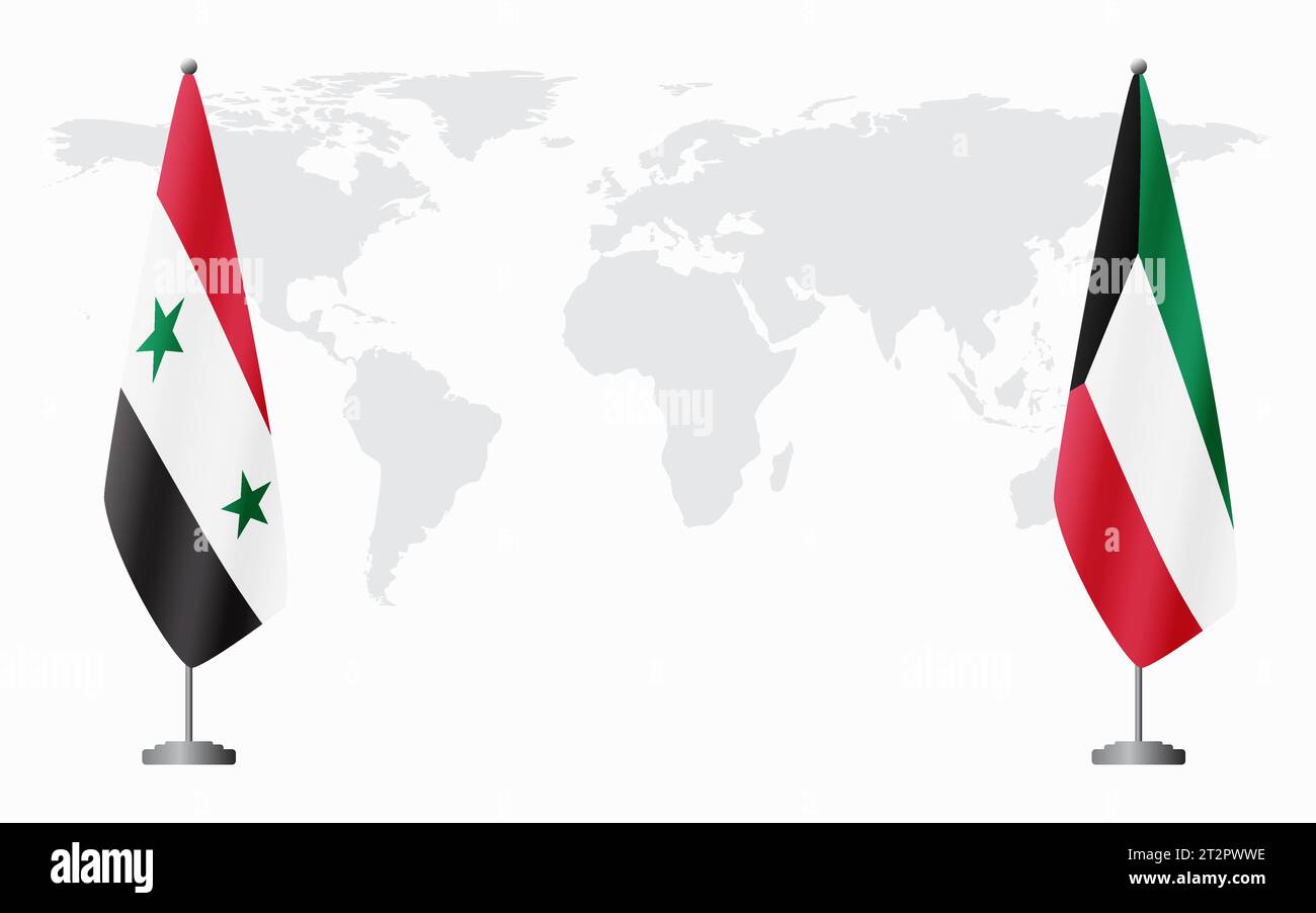 Syrische und kuwaitische Flaggen für offizielle Treffen vor dem Hintergrund der Weltkarte. Stock Vektor