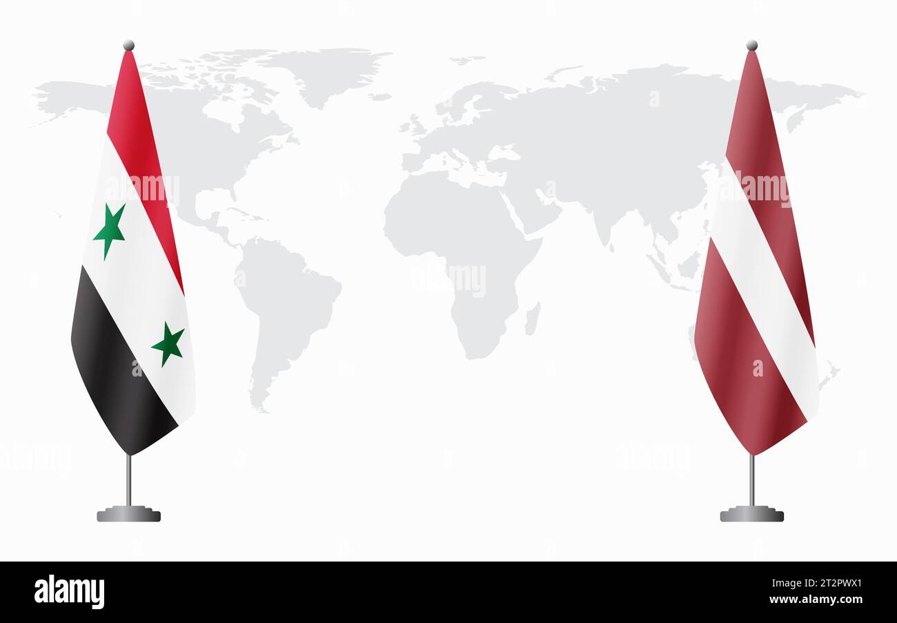 Syrische und lettische Flaggen für offizielle Treffen vor dem Hintergrund der Weltkarte. Stock Vektor