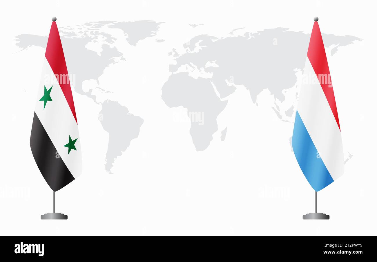 Syrische und luxemburgische Flaggen für offizielle Treffen vor dem Hintergrund der Weltkarte. Stock Vektor