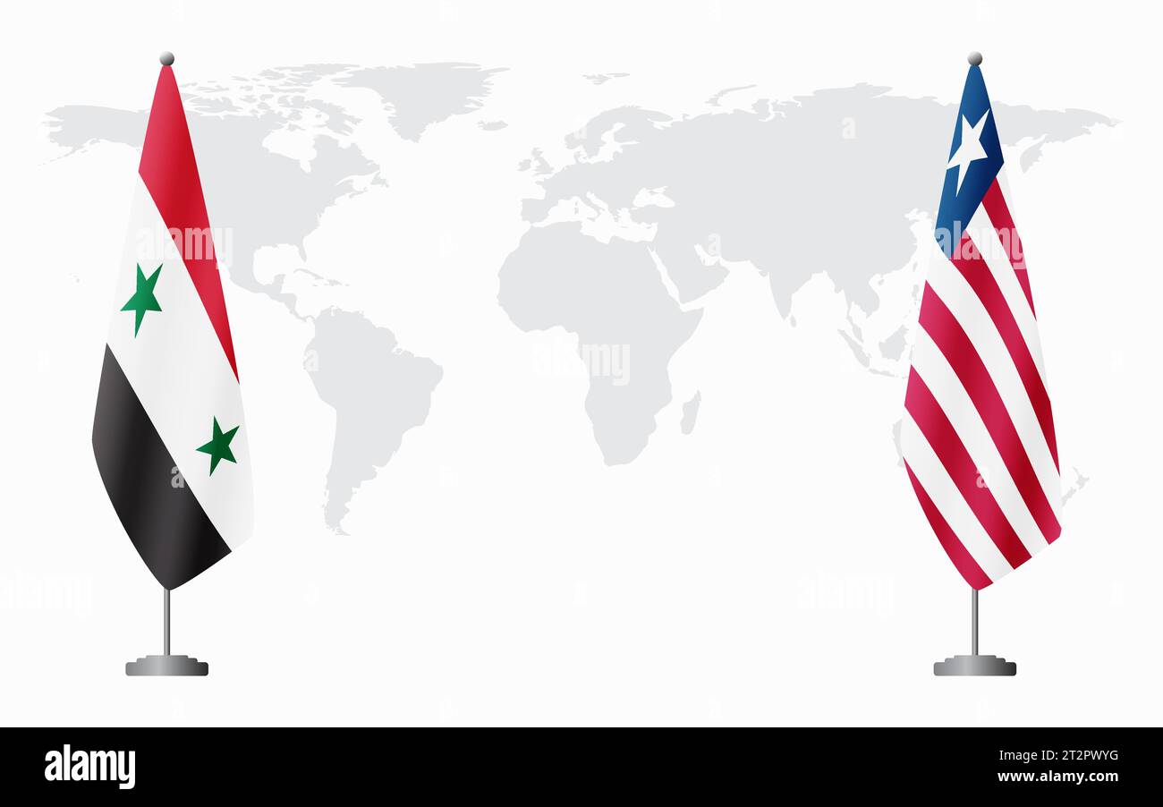 Syrien und Liberia Flaggen für offizielles Treffen vor dem Hintergrund der Weltkarte. Stock Vektor