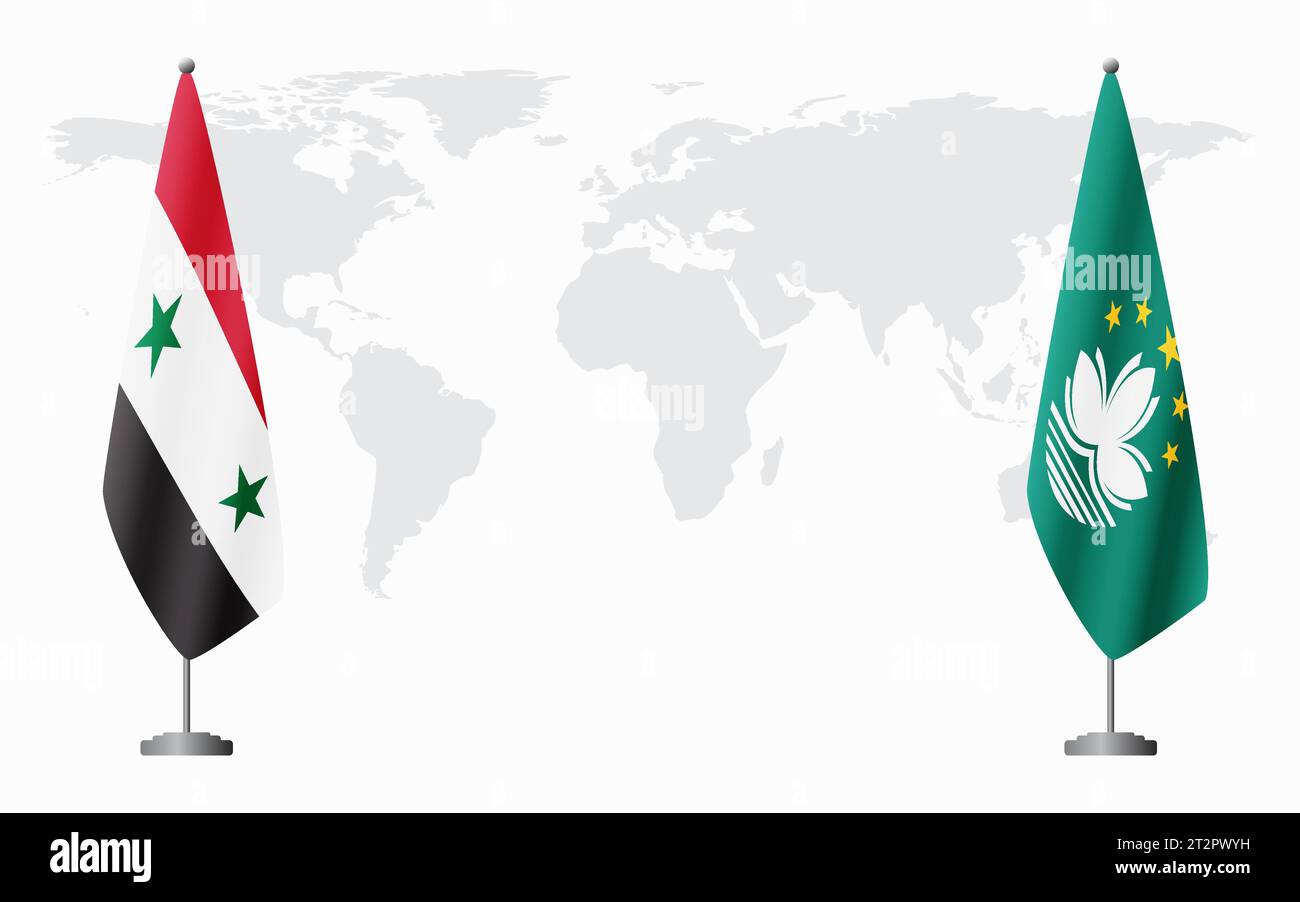 Syrische und Macau-Flaggen für offizielle Treffen vor dem Hintergrund der Weltkarte. Stock Vektor