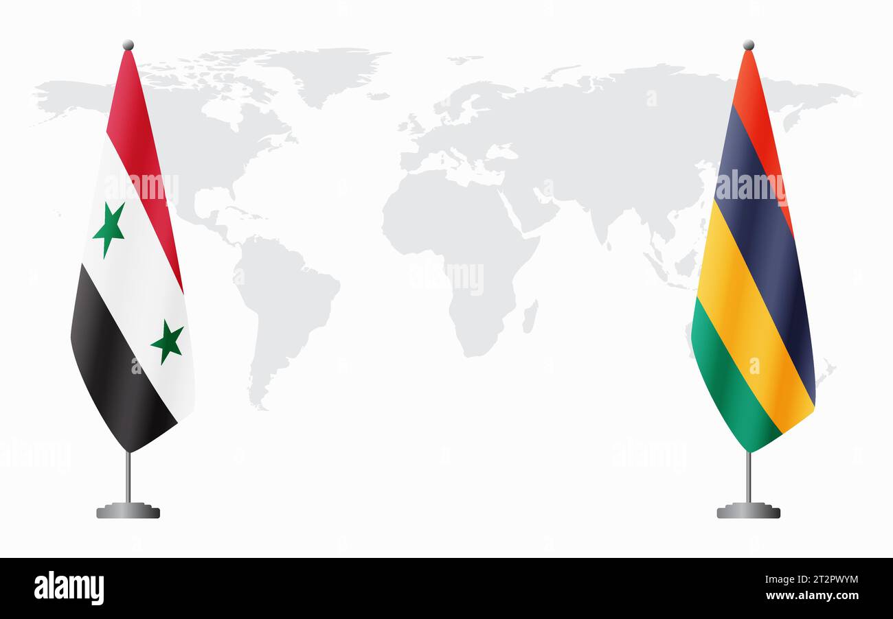 Syrische und mauritische Flaggen zum offiziellen Treffen vor dem Hintergrund der Weltkarte. Stock Vektor