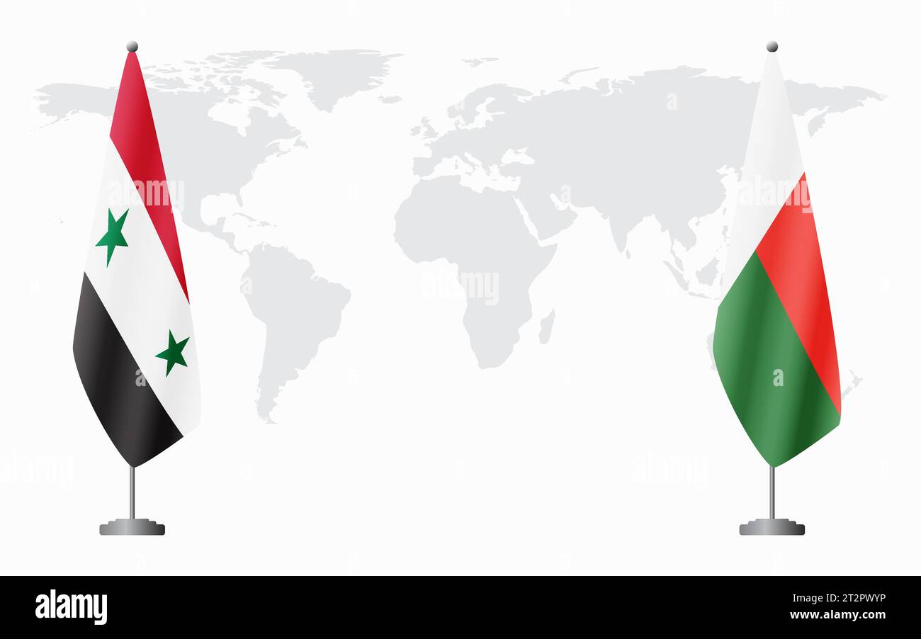 Syrische und madagassische Flaggen für offizielle Treffen vor dem Hintergrund der Weltkarte. Stock Vektor