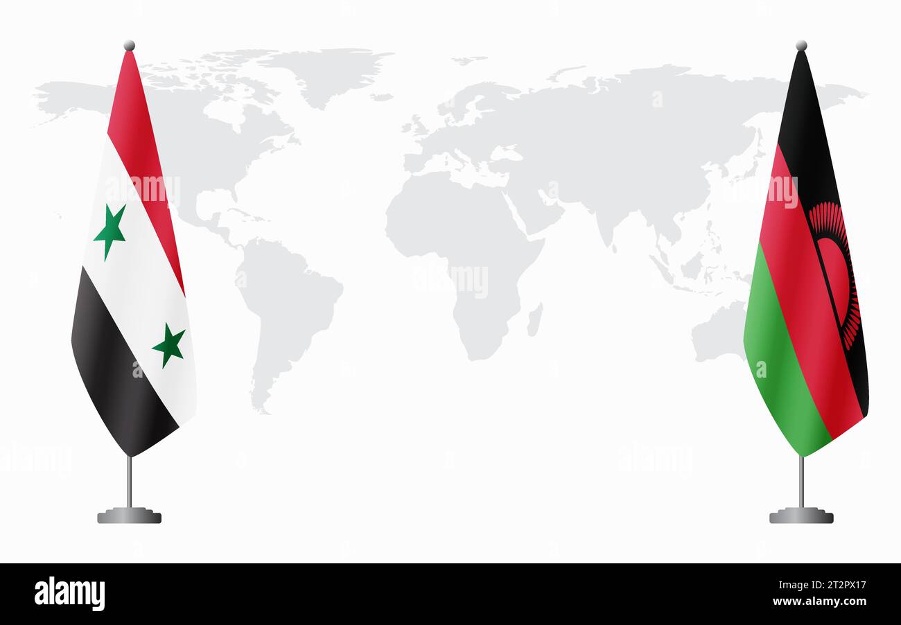 Syrische und malawische Flaggen für offizielle Treffen vor dem Hintergrund der Weltkarte. Stock Vektor