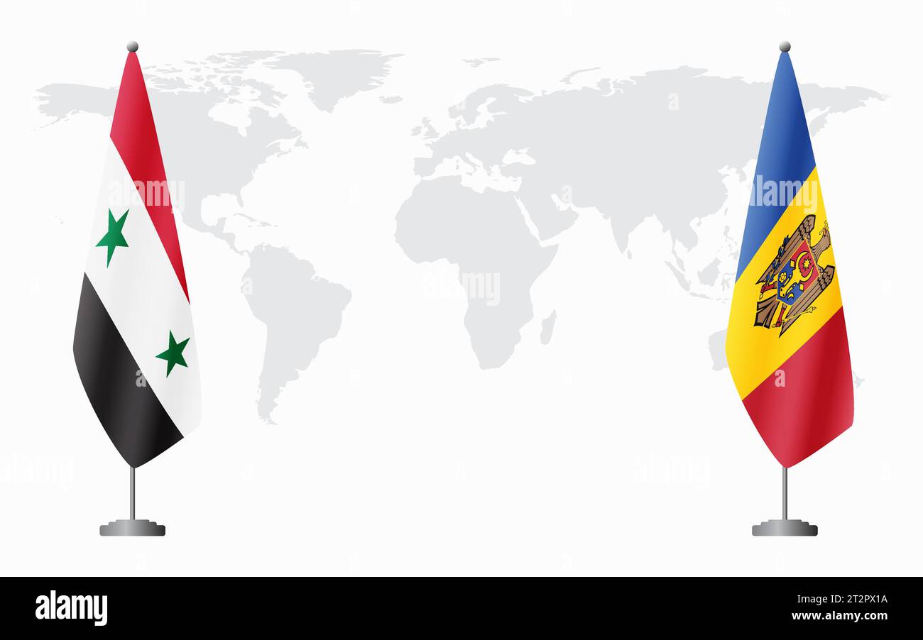 Syrische und moldauische Flaggen für offizielles Treffen vor dem Hintergrund der Weltkarte. Stock Vektor