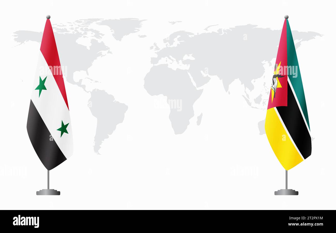 Syrische und mosambikanische Flaggen für offizielle Treffen vor dem Hintergrund der Weltkarte. Stock Vektor