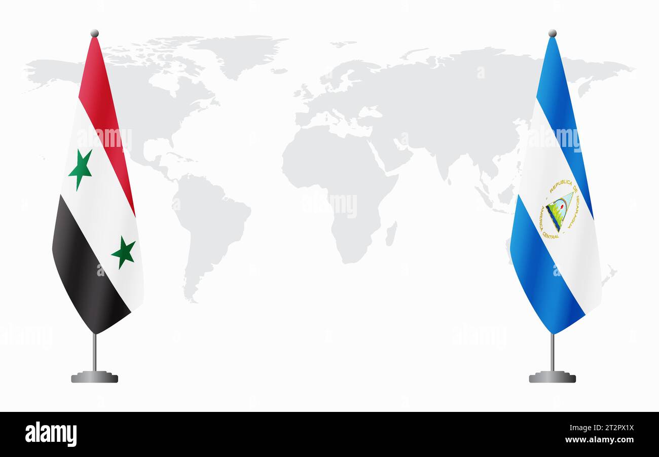 Syrische und nicaraguanische Flaggen für offizielle Treffen vor dem Hintergrund der Weltkarte. Stock Vektor