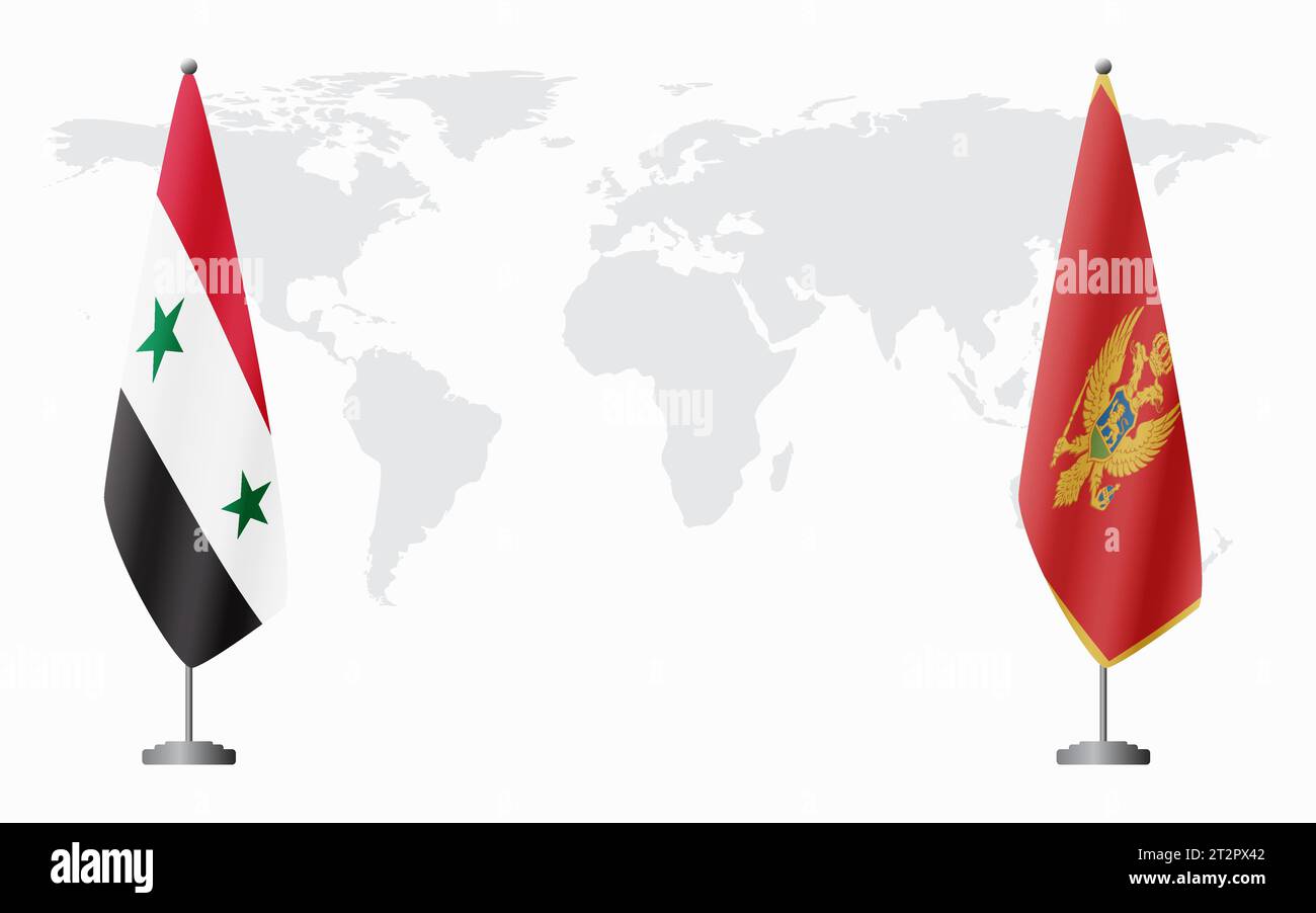 Syrische und montenegrinische Flaggen für offizielles Treffen vor dem Hintergrund der Weltkarte. Stock Vektor