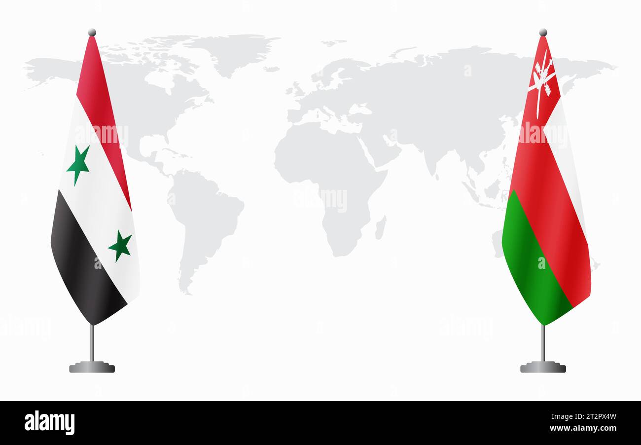 Syrien und Oman Flaggen für offizielle Treffen vor dem Hintergrund der Weltkarte. Stock Vektor