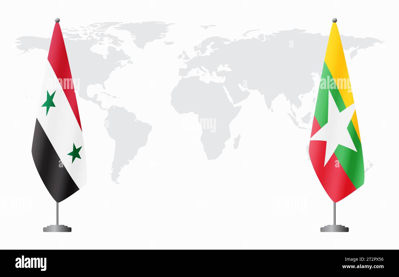 Syrische und myanmarische Flaggen für offizielle Treffen vor dem Hintergrund der Weltkarte. Stock Vektor