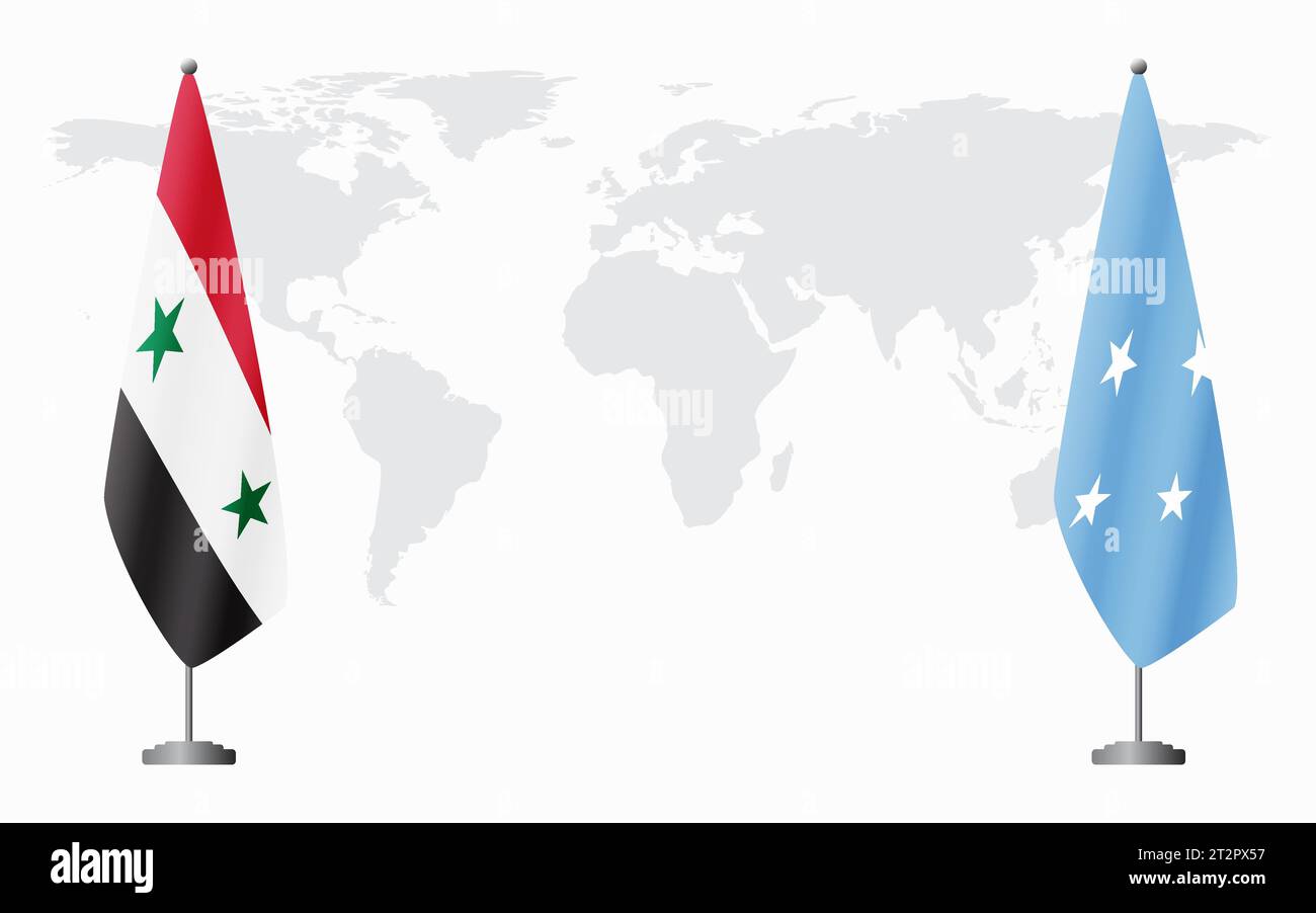 Syrien und Mikronesien Flaggen für offizielle Treffen vor dem Hintergrund der Weltkarte. Stock Vektor