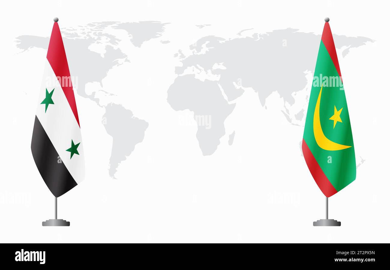 Syrische und mauretanische Flaggen zum offiziellen Treffen vor dem Hintergrund der Weltkarte. Stock Vektor
