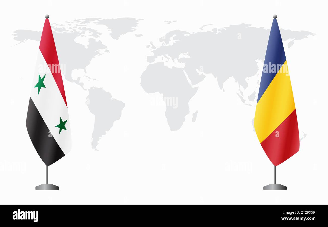 Syrische und rumänische Flaggen für offizielles Treffen vor dem Hintergrund der Weltkarte. Stock Vektor