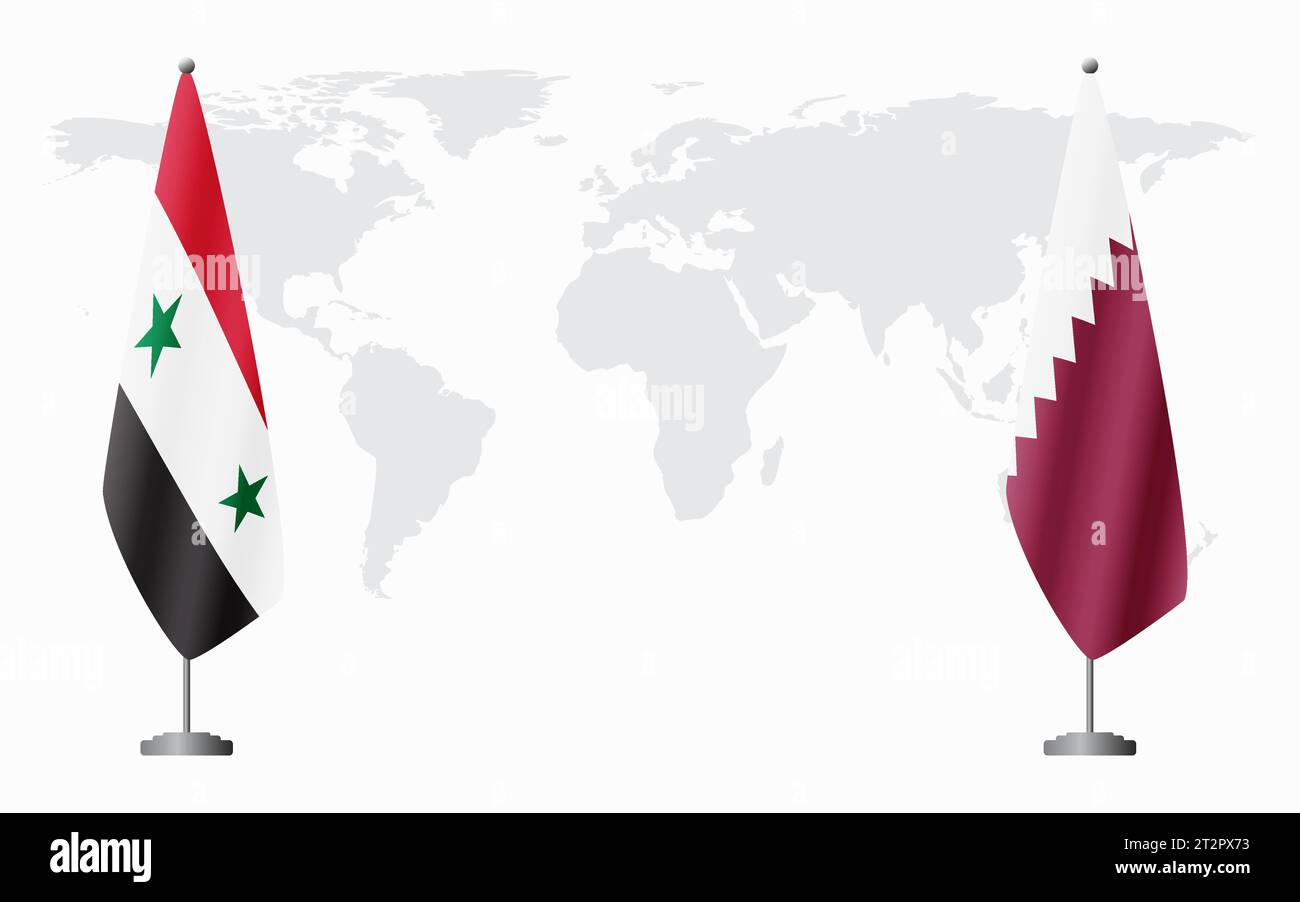 Syrische und katarische Flaggen für offizielle Treffen vor dem Hintergrund der Weltkarte. Stock Vektor