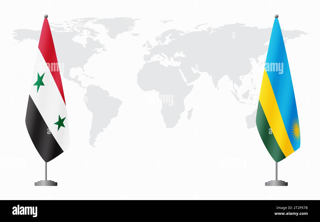 Syrische und ruandische Flaggen für offizielle Treffen vor dem Hintergrund der Weltkarte. Stock Vektor