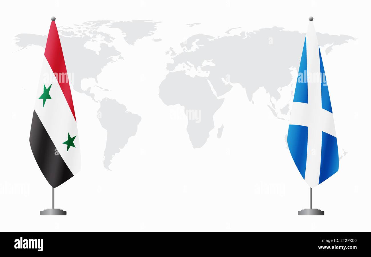 Syrische und schottische Flaggen zum offiziellen Treffen vor dem Hintergrund der Weltkarte. Stock Vektor