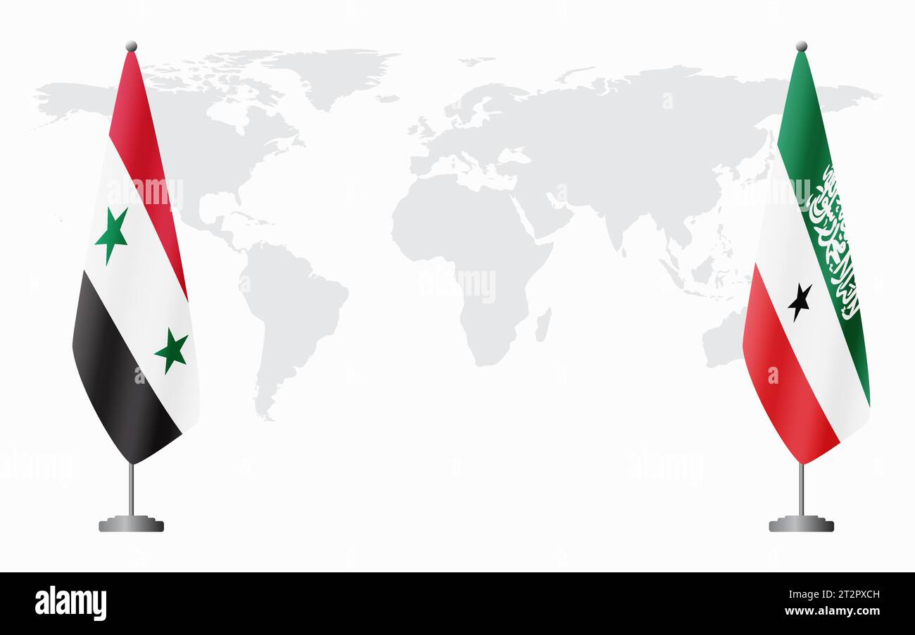 Syrische und somalilländische Flaggen für offizielle Treffen vor dem Hintergrund der Weltkarte. Stock Vektor
