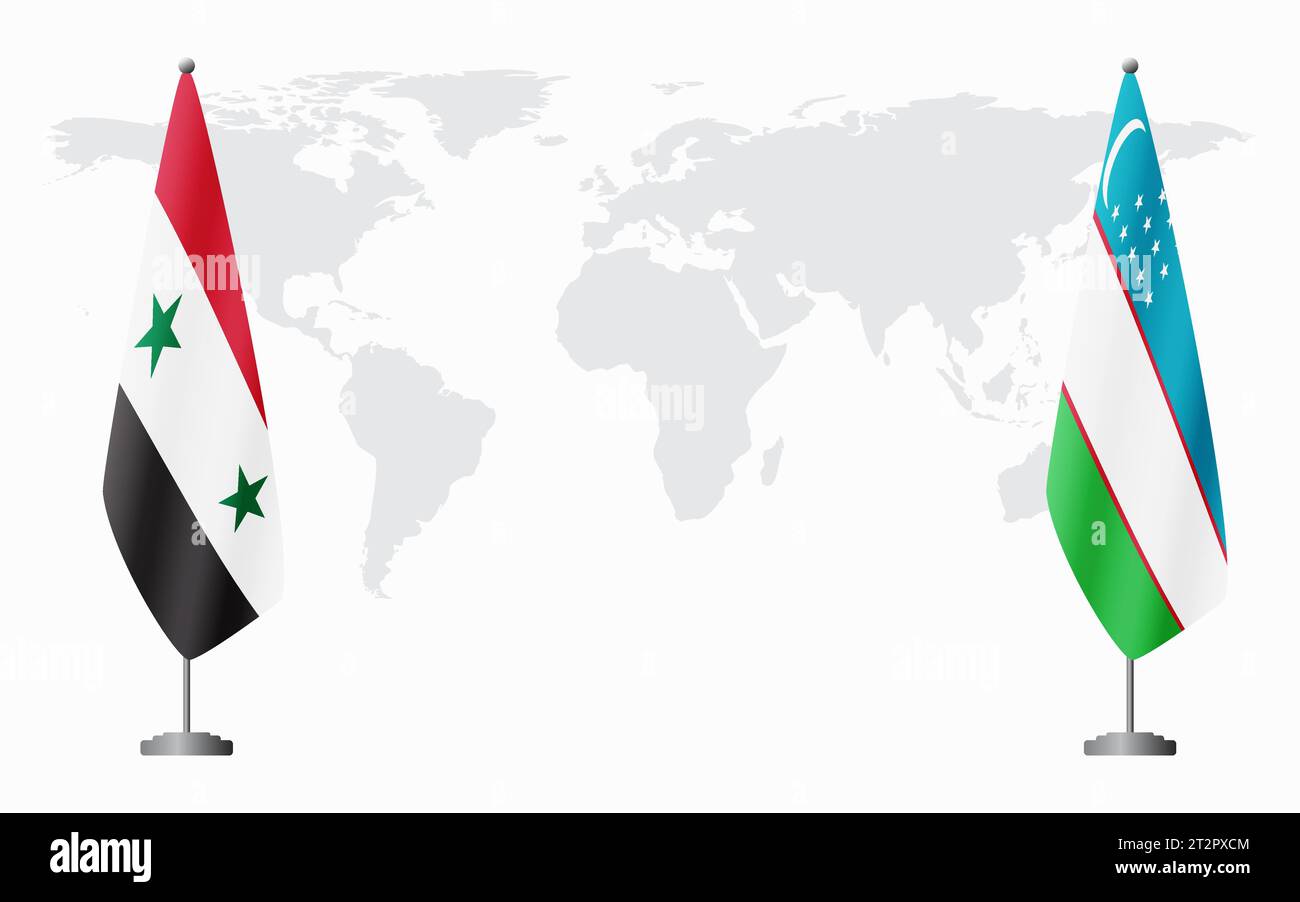 Syrien und Usbekistan halten die Flagge eines offiziellen Treffens vor dem Hintergrund der Weltkarte. Stock Vektor