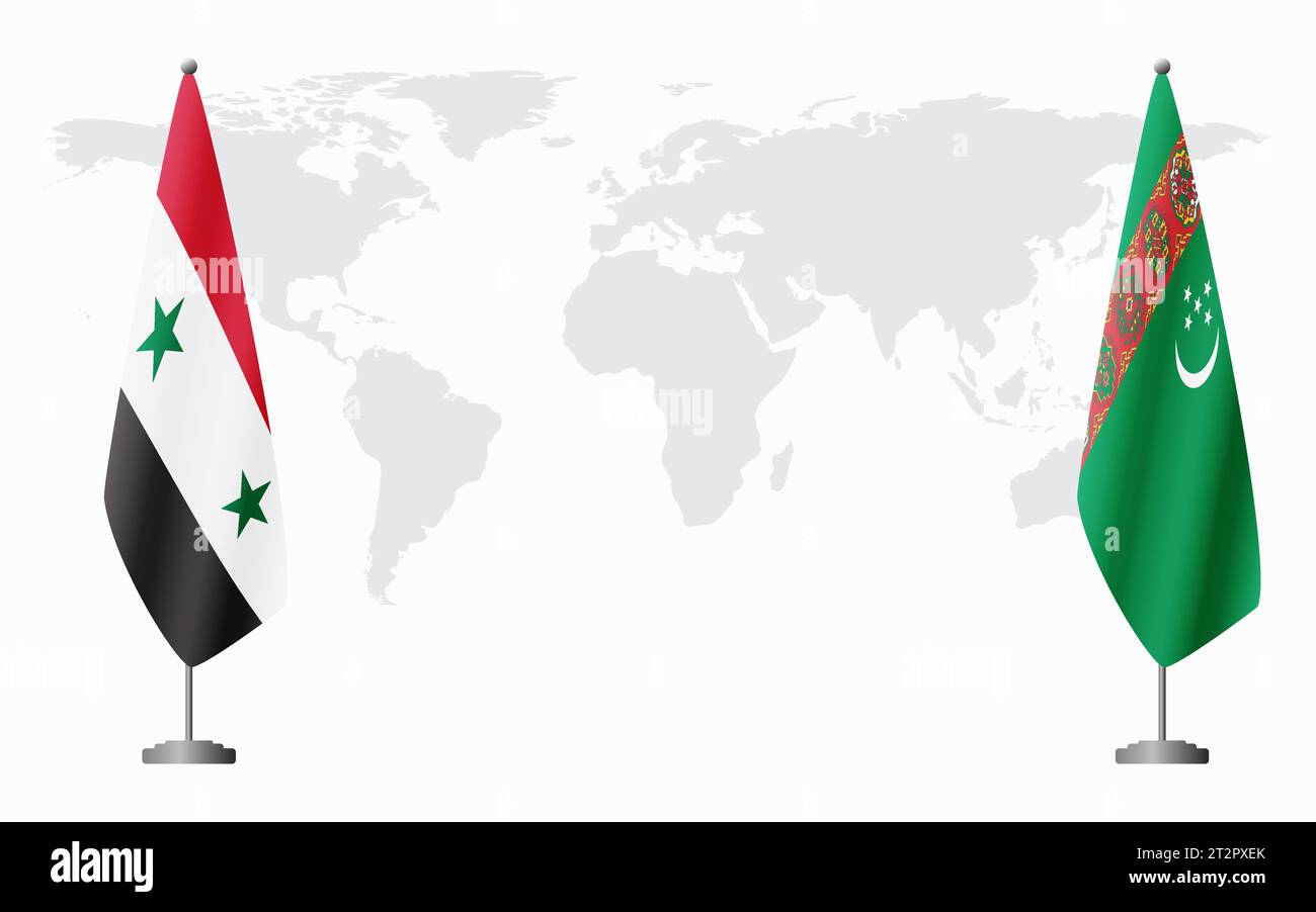 Syrische und turkmenische Flaggen für offizielle Treffen vor dem Hintergrund der Weltkarte. Stock Vektor