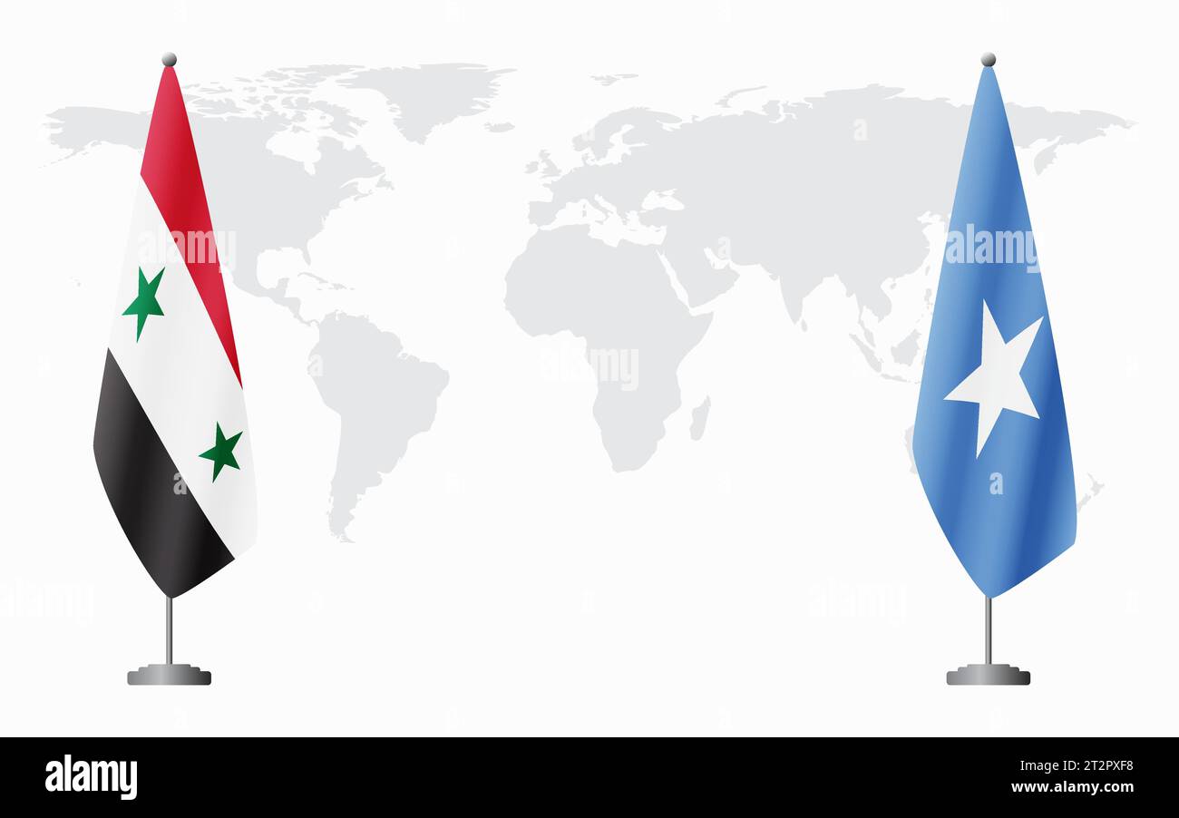 Syrische und somalische Flaggen zum offiziellen Treffen vor dem Hintergrund der Weltkarte. Stock Vektor