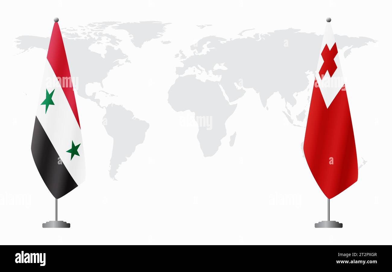 Syrien und Tonga Flaggen für offizielle Treffen vor dem Hintergrund der Weltkarte. Stock Vektor