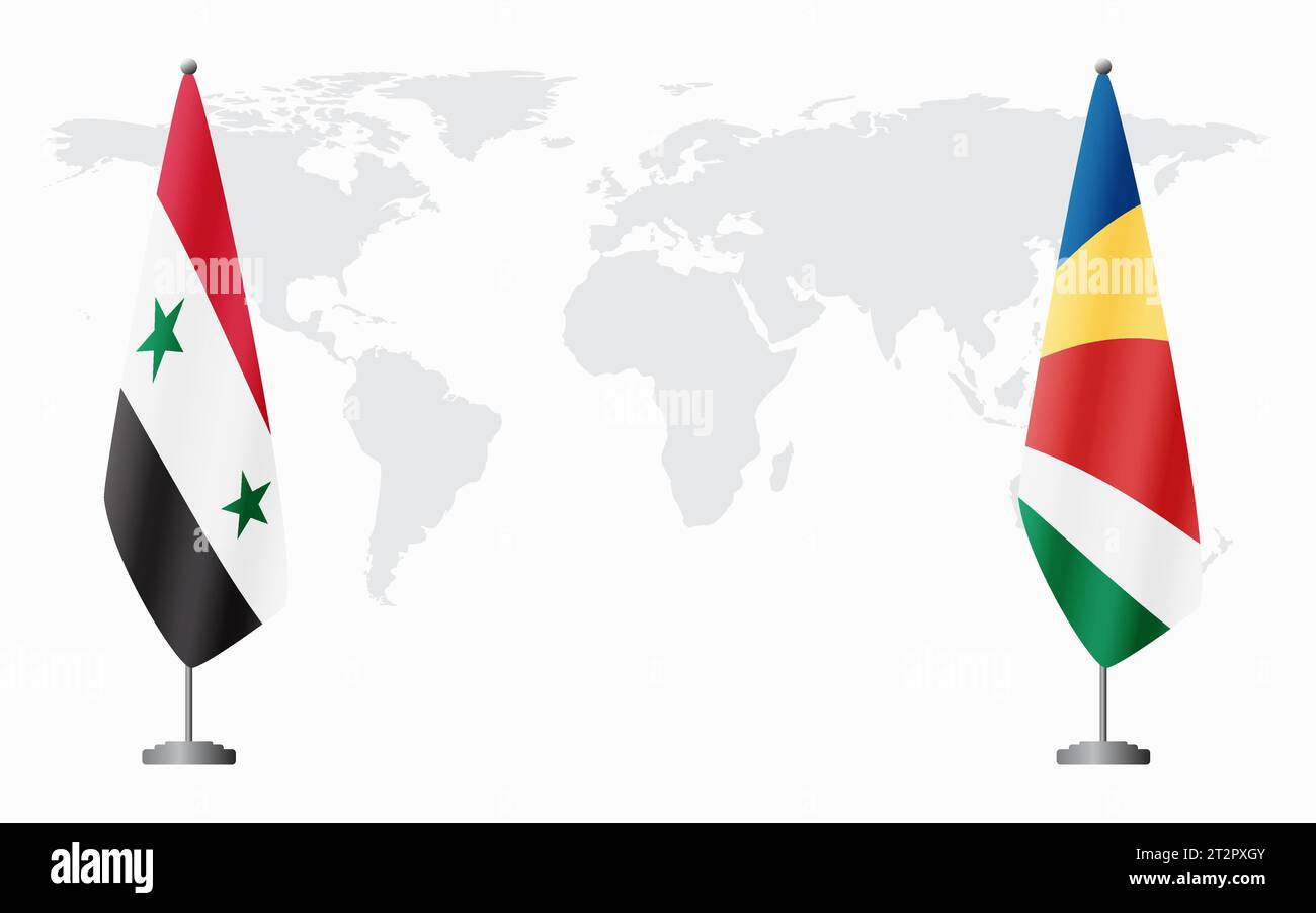 Syrische und seychellische Flaggen zum offiziellen Treffen vor dem Hintergrund der Weltkarte. Stock Vektor