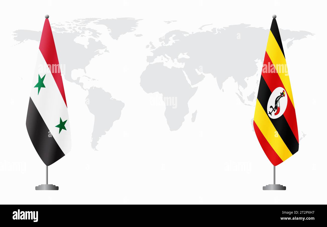 Syrische und ugandische Flaggen für offizielle Treffen vor dem Hintergrund der Weltkarte. Stock Vektor