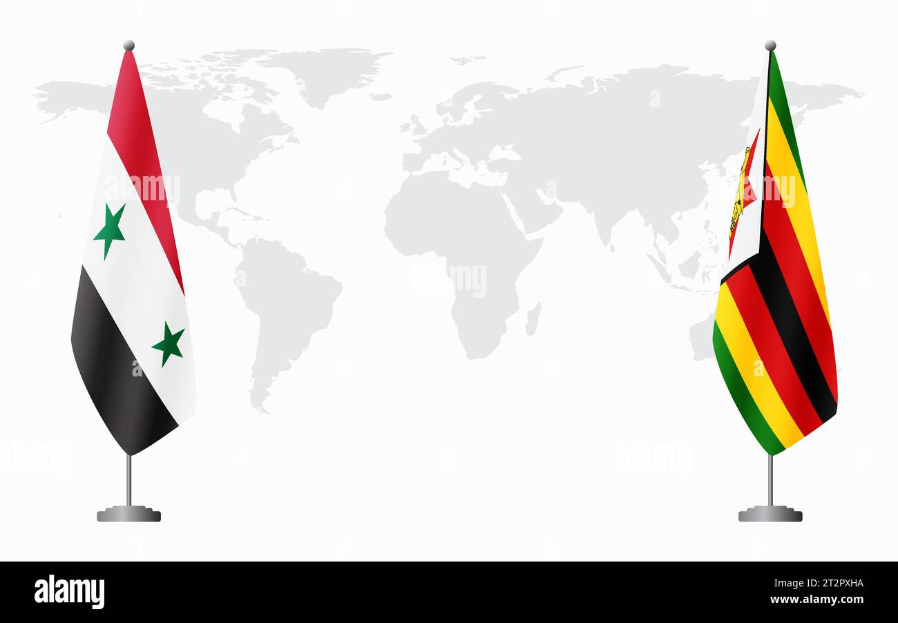Syrische und Simbabwe Flagge für offizielles Treffen vor dem Hintergrund der Weltkarte. Stock Vektor