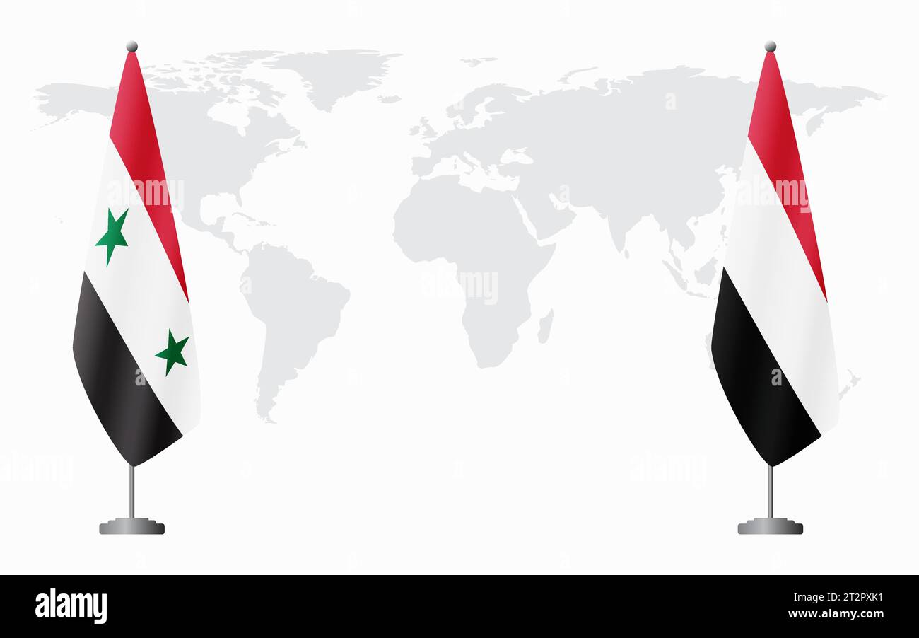 Syrische und jemenitische Flaggen zum offiziellen Treffen vor dem Hintergrund der Weltkarte. Stock Vektor