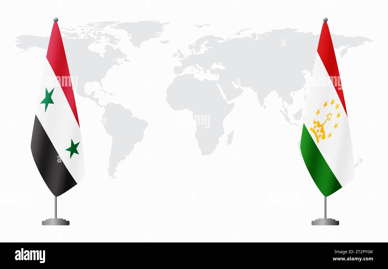 Syrische und tadschikische Flaggen zum offiziellen Treffen vor dem Hintergrund der Weltkarte. Stock Vektor