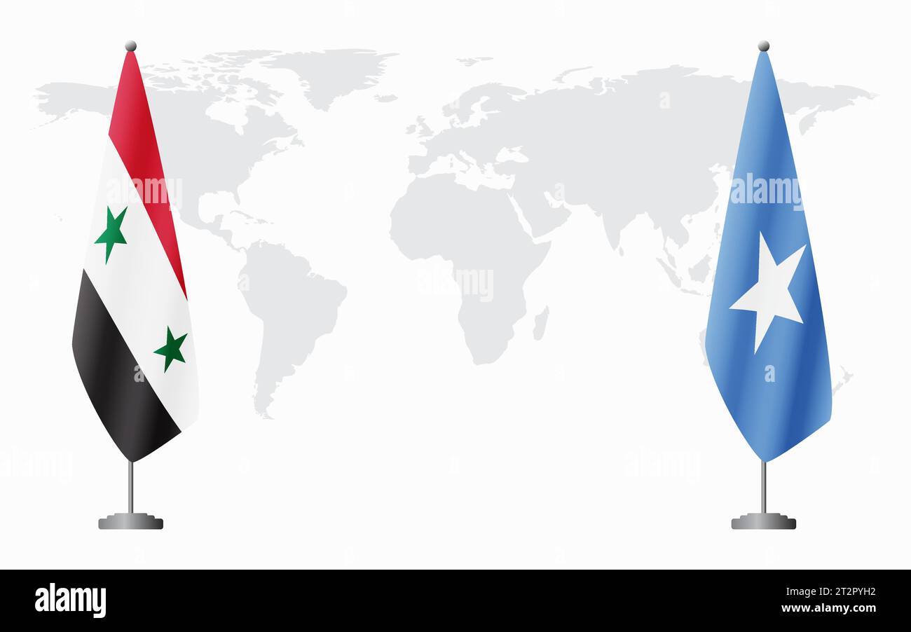 Syrische und somalische Flaggen zum offiziellen Treffen vor dem Hintergrund der Weltkarte. Stock Vektor