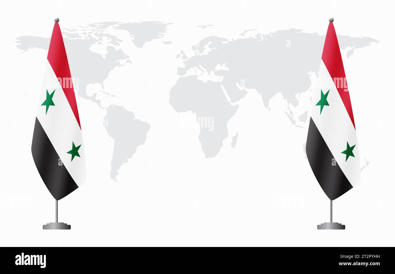 Syrische und syrische Flaggen für offizielles Treffen vor dem Hintergrund der Weltkarte. Stock Vektor