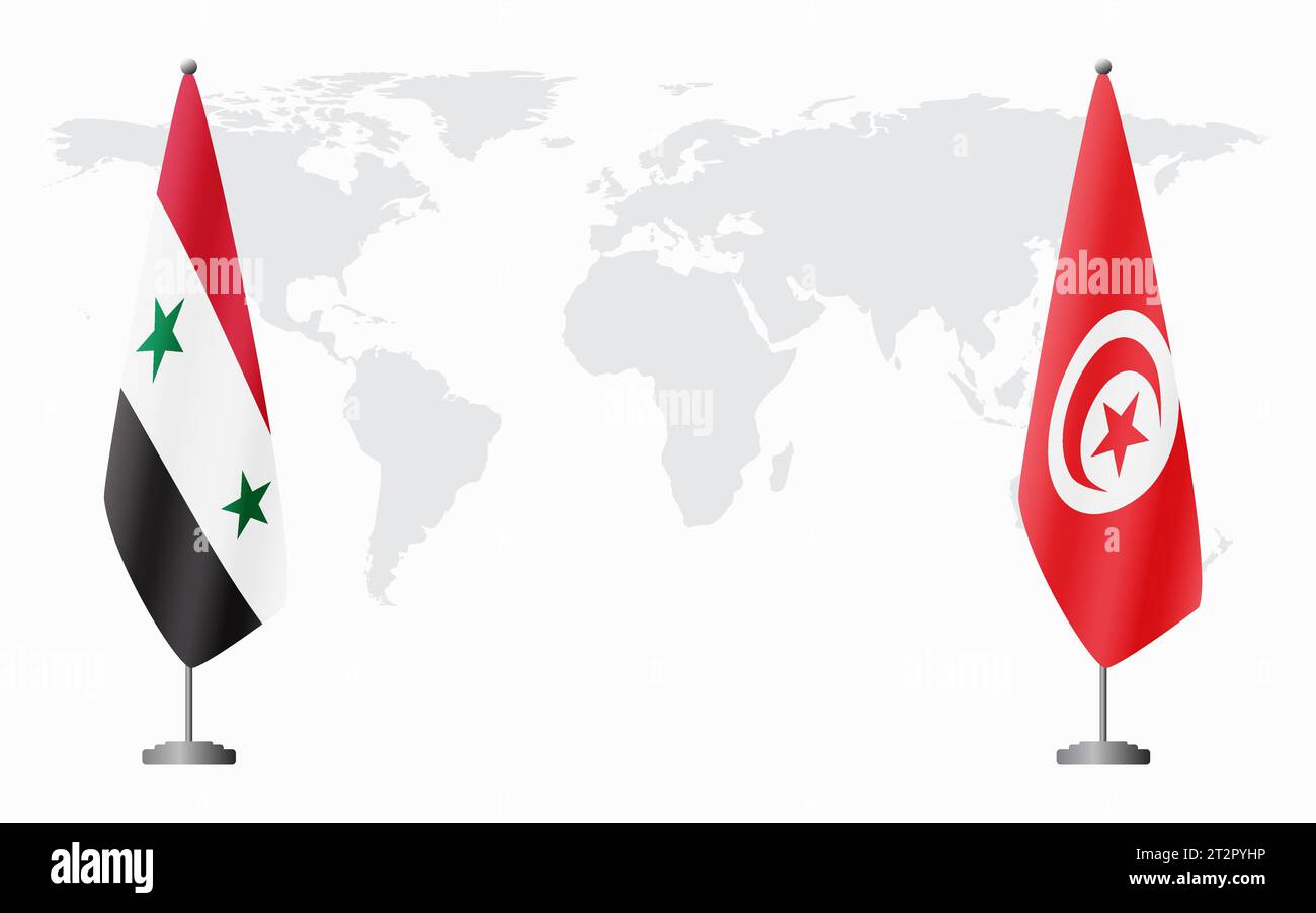 Syrische und tunesische Flaggen zum offiziellen Treffen vor dem Hintergrund der Weltkarte. Stock Vektor