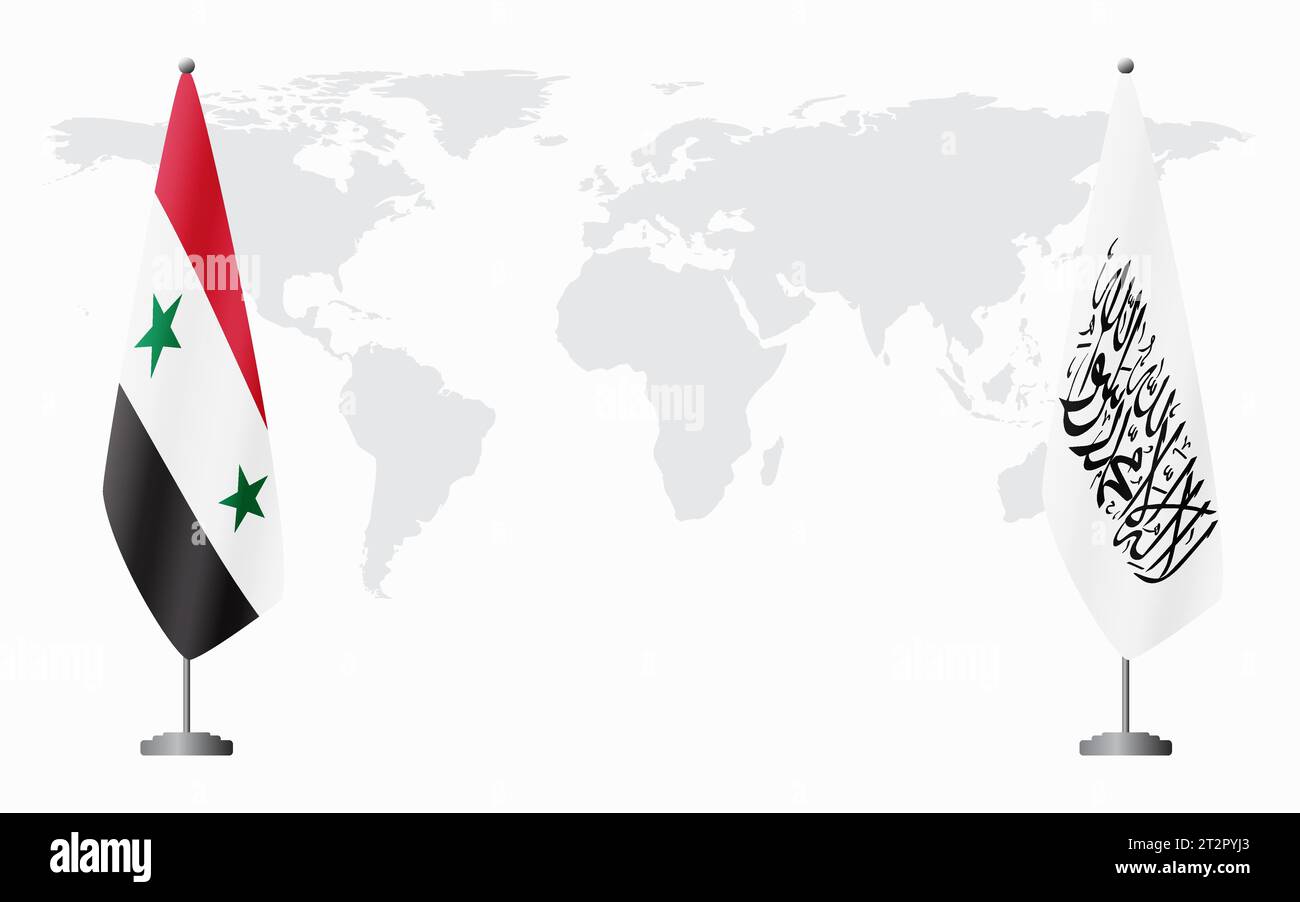 Syrische und afghanische Flaggen für offizielle Treffen vor dem Hintergrund der Weltkarte. Stock Vektor