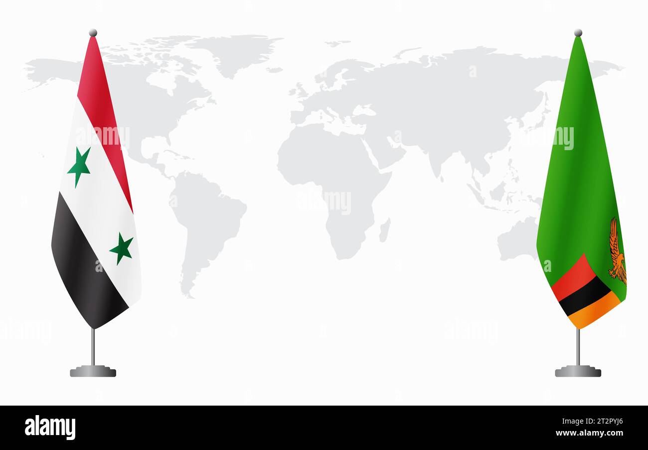 Syrische und sambische Flaggen für offizielle Treffen vor dem Hintergrund der Weltkarte. Stock Vektor