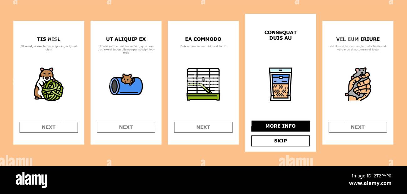 Hamster niedliches Tier Haustier Onboarding Icons Set Vektor Stock Vektor